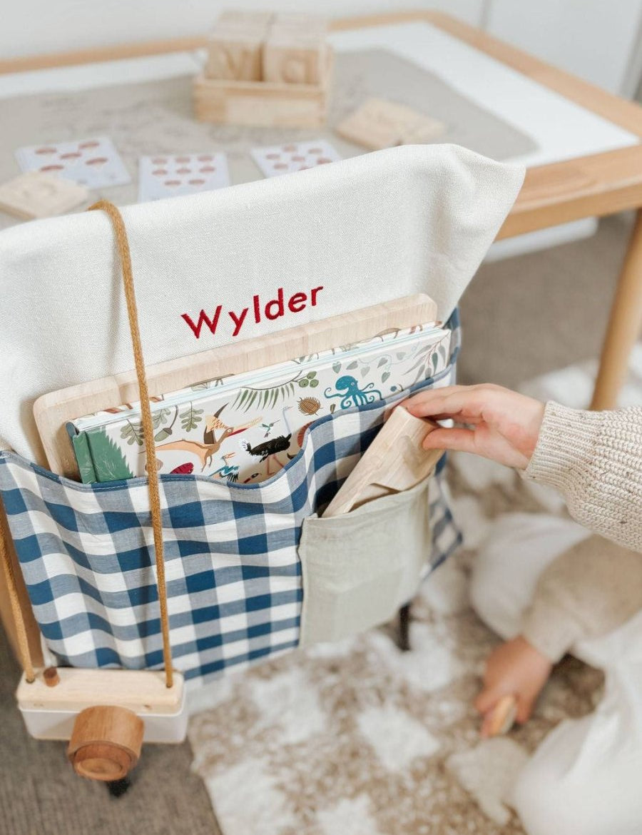 Personalised Chair Bag - Blue Gingham - Namesake Embroidery Studio